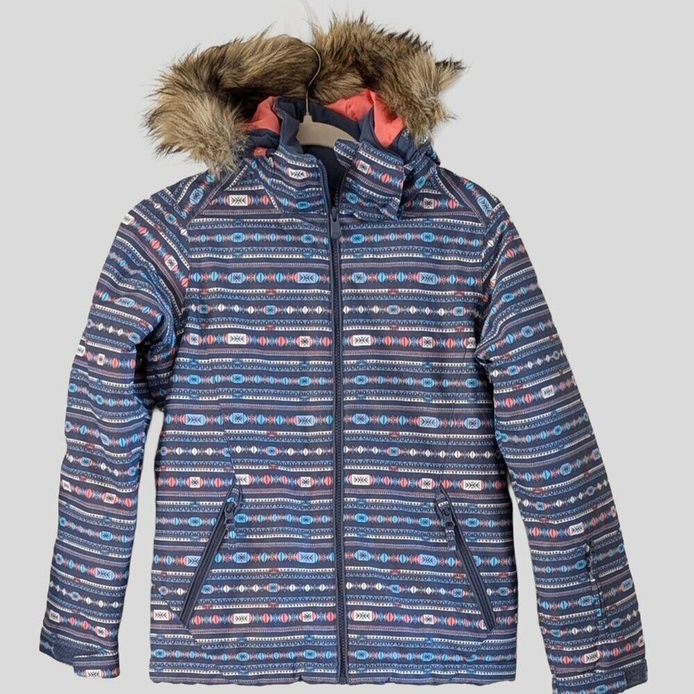 Roxy DryFlight Girls Ski Jacket L Faux Fur Hood Snow Coat Blue American Pie